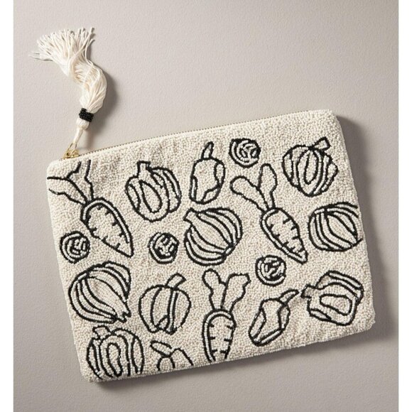 Anthropologie The Fiona Large Beaded Pouch White Black Graphic Veggie Print - Picture 1 of 3